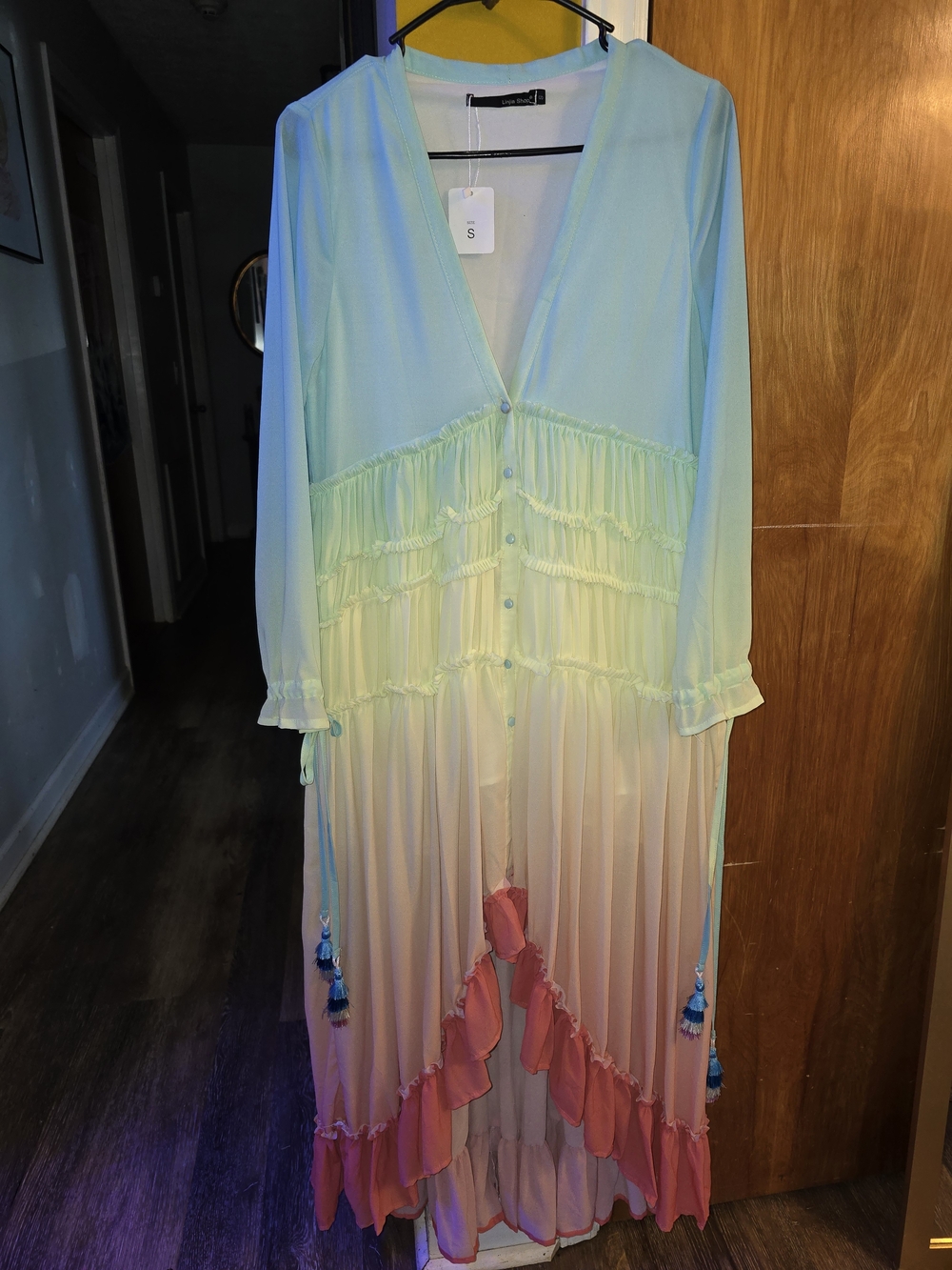 NWT Linji Shop Pastel Rainbow Ombré Ruffle High Low Maxi Dress Tassel Boho S